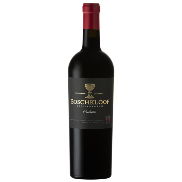 A bottle of Boschkloof Stellenbosch wine with a dark label and red foil on the neck, featuring gold lettering and a gold trophy graphic on the label.