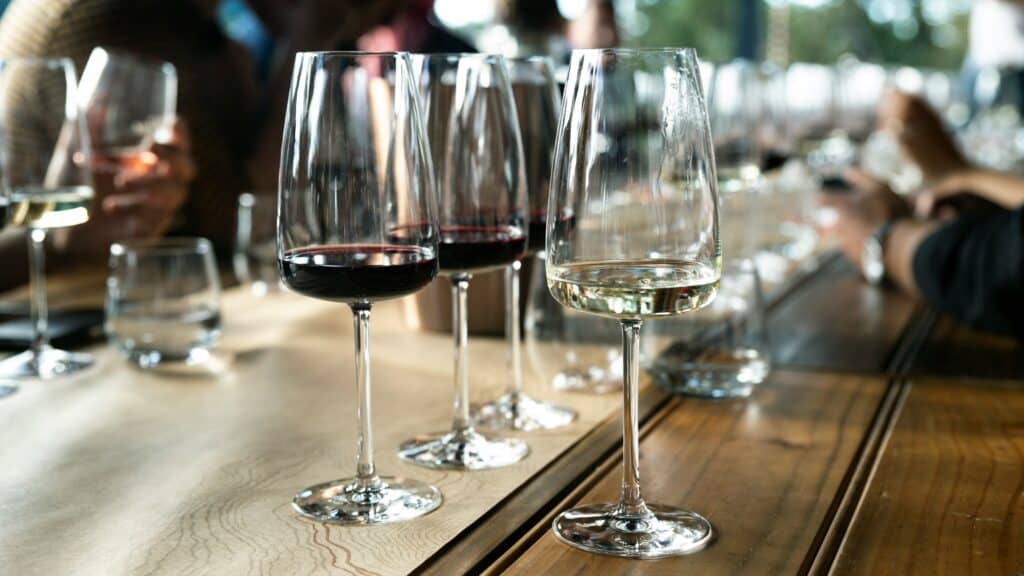 A row of red and white wine glasses on a wooden table at a group gathering, ideal for exploring South African wine ratings.
